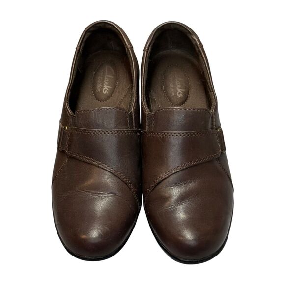 Clarks Women's US 7.5M Clog Brown Leather Casual Slip-On Block Heel Shoes 62729 - Picture 4 of 10